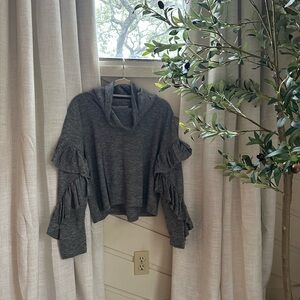 Gray Cowl Neck Sweater with Ruffle Sleeves